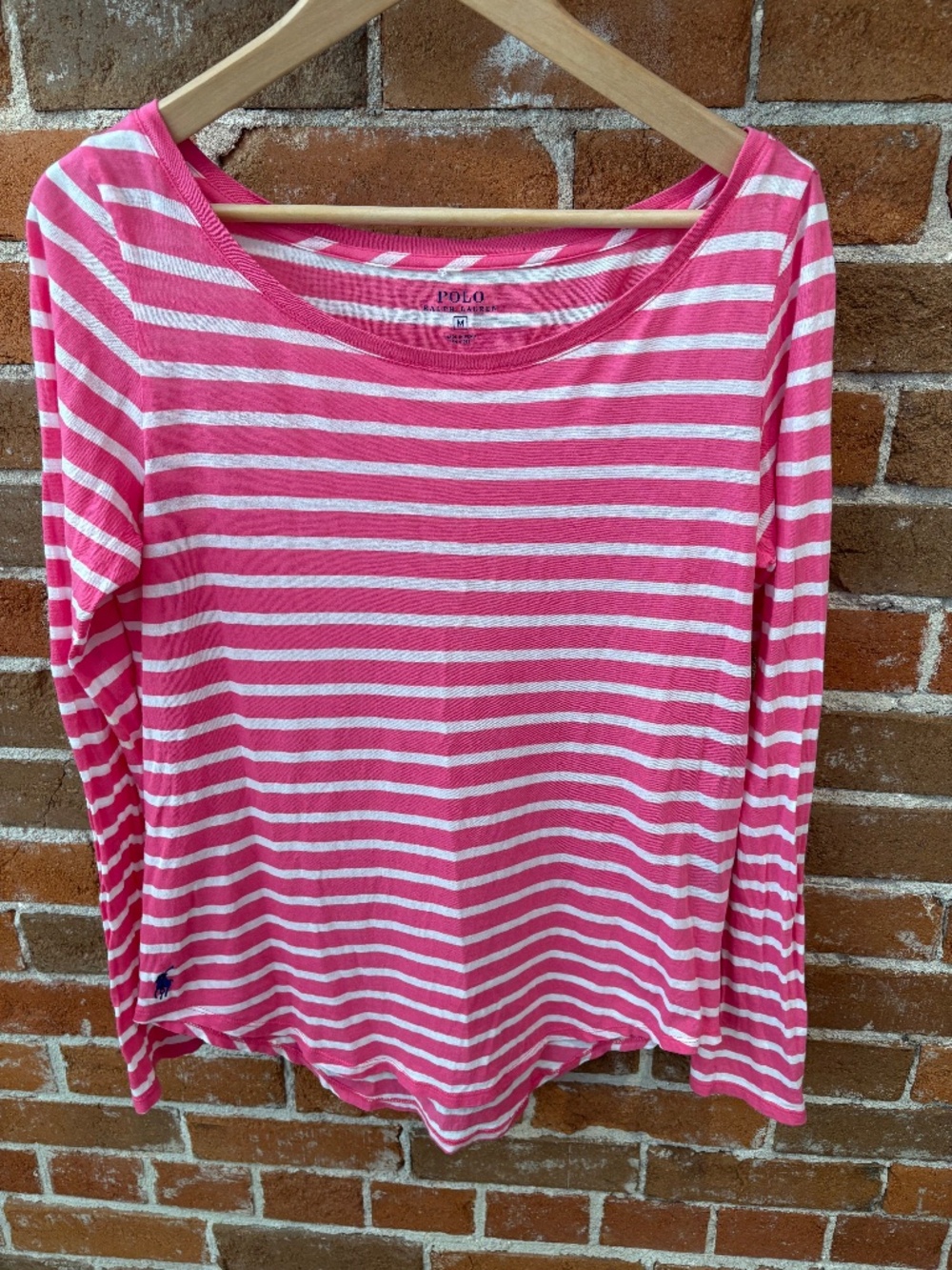 POLO Ralph Lauren Boat Neck Long Sleeve Pink + White Striped Tee Size M